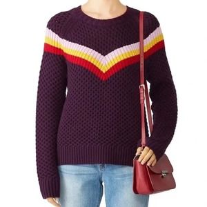 Milly Plum Crewneck Sweater with Multicolor Chevron Stripes